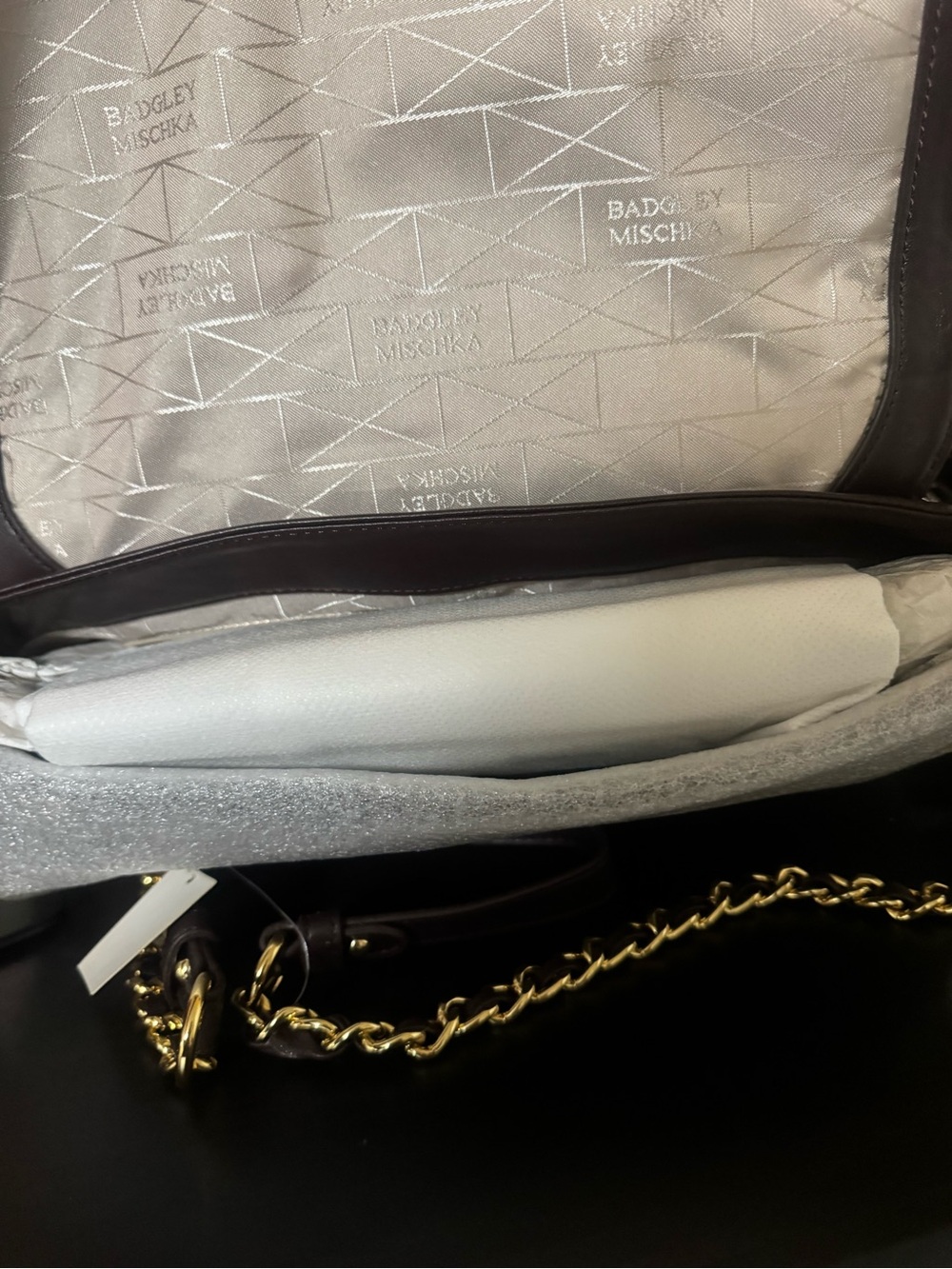 Badgley Mischka Dark Brown Leather Shoulder Bag with Gold Studs - Picture 5 of 10